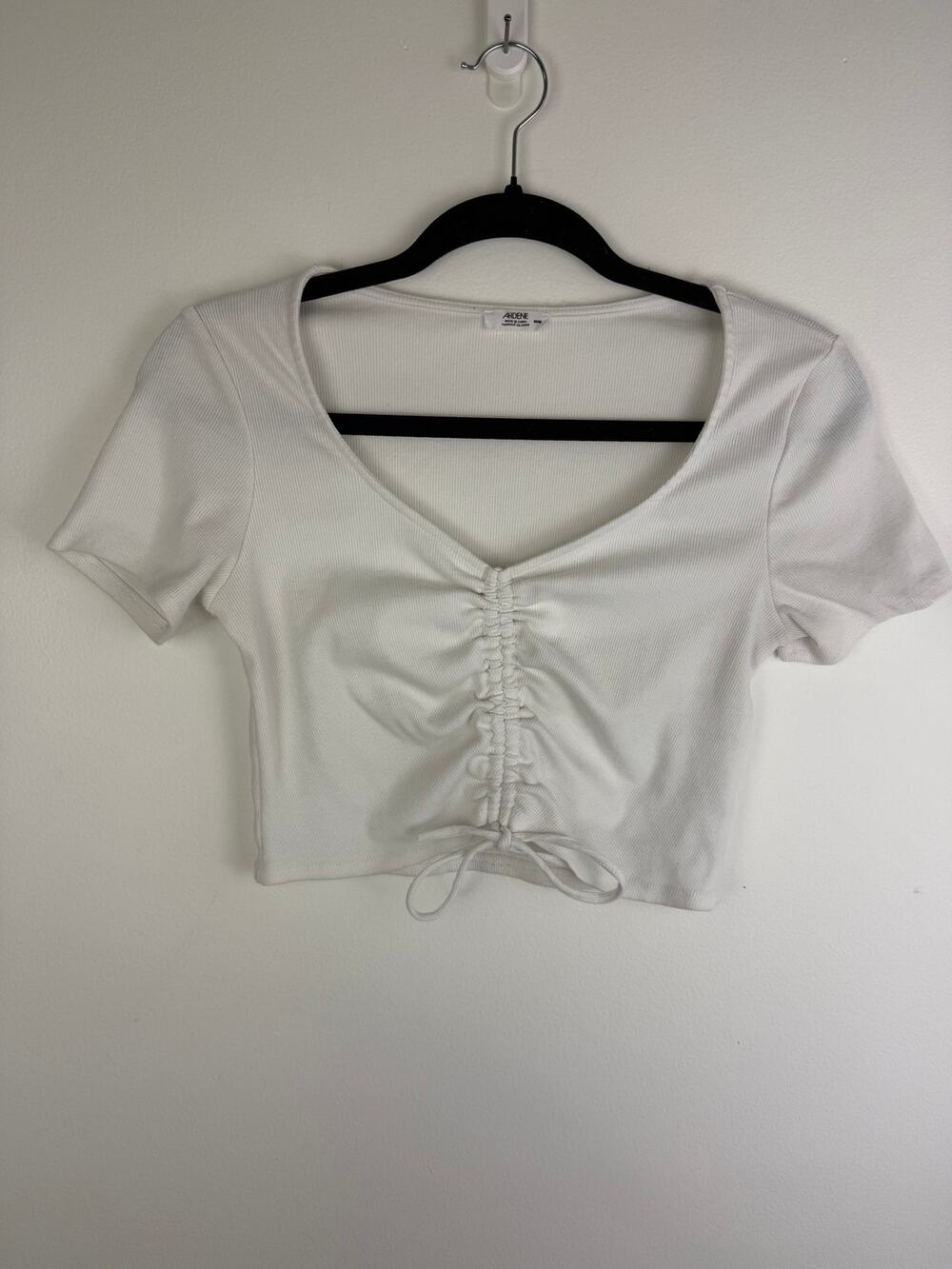 Ardene Womens Short Sleeve Scrunch Front Tie V-Neck Cropped White Top Medium